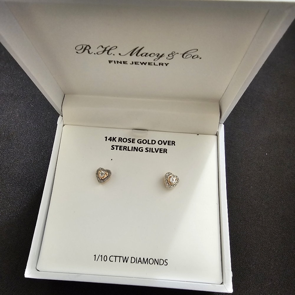 Heart Shape 14kt Rose Gold Over Sterling Silver 1/10kt diamond earrings